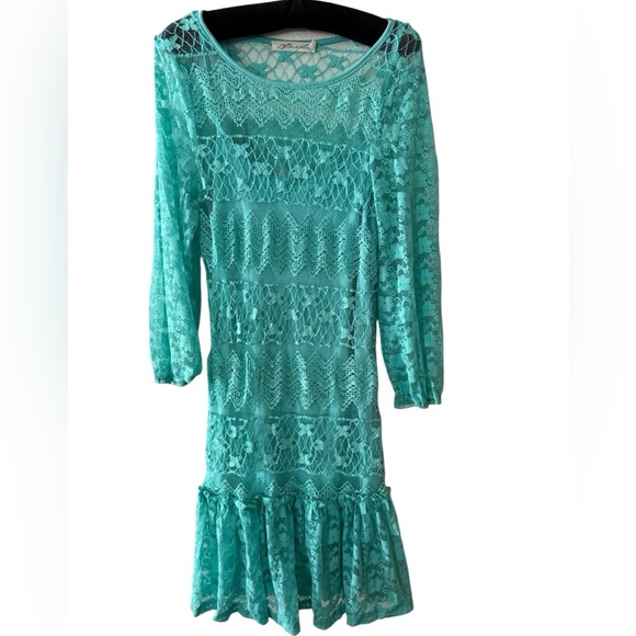 Turquoise Lace Mini Dress with Long Sleeves & Tiered Ruffle Hem - Picture 1 of 5